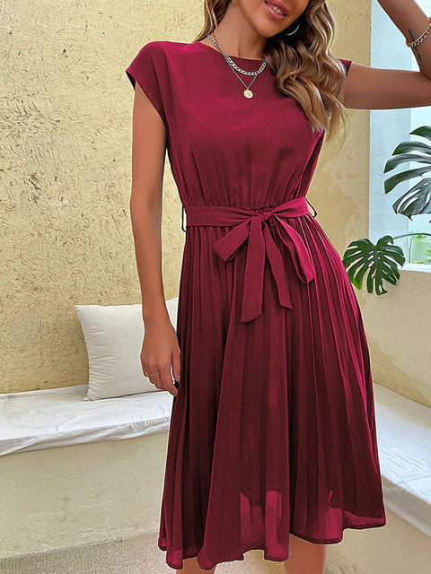 Elena - Damen Midikleid mit Plissee-Rock und Bindegürtel