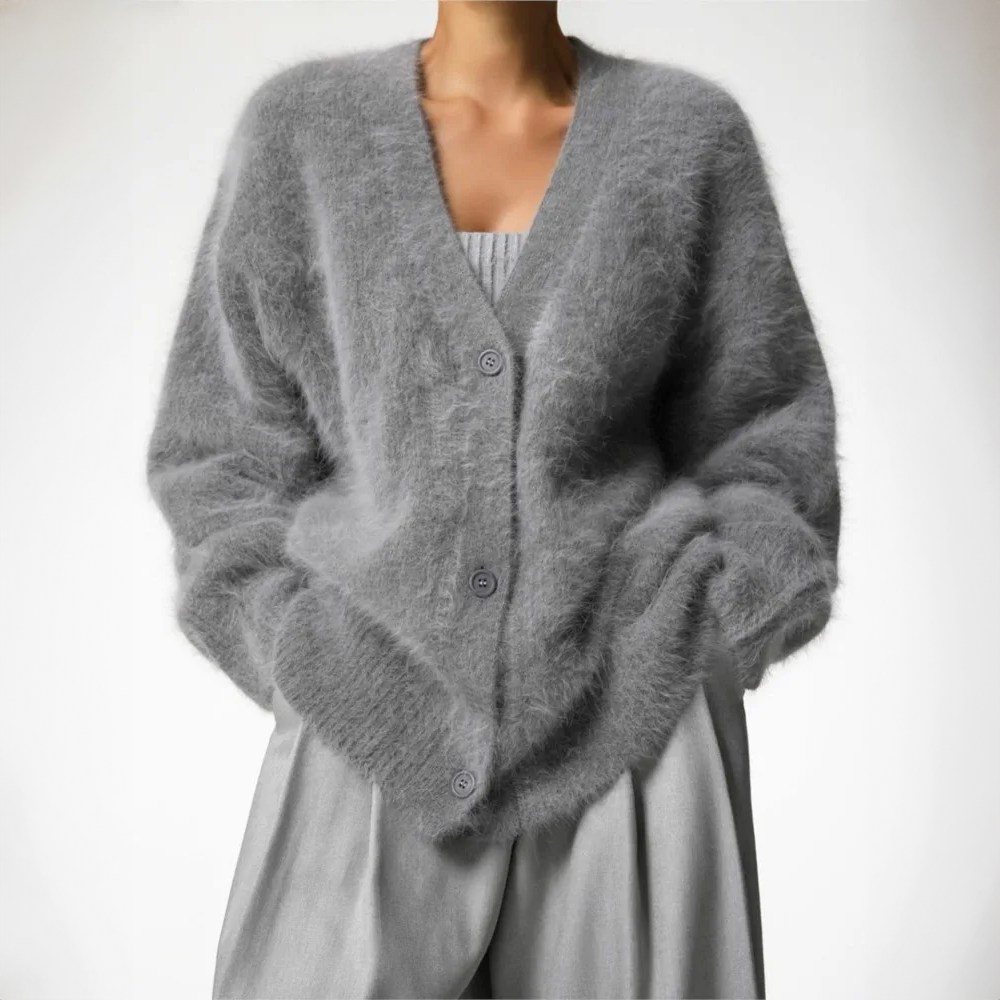 Mara - Damen Cashmere Strickcardigan aus Flauschgarn mit Knopfleiste Winter
