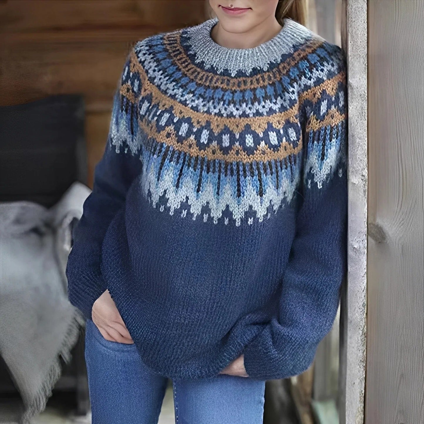 Liora – Damen Strickpullover mit Norwegermuster und Stehkragen