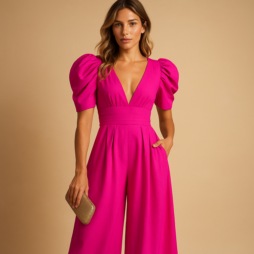 Adriana - Damen Jumpsuit mit Puffärmeln und weitem Bein