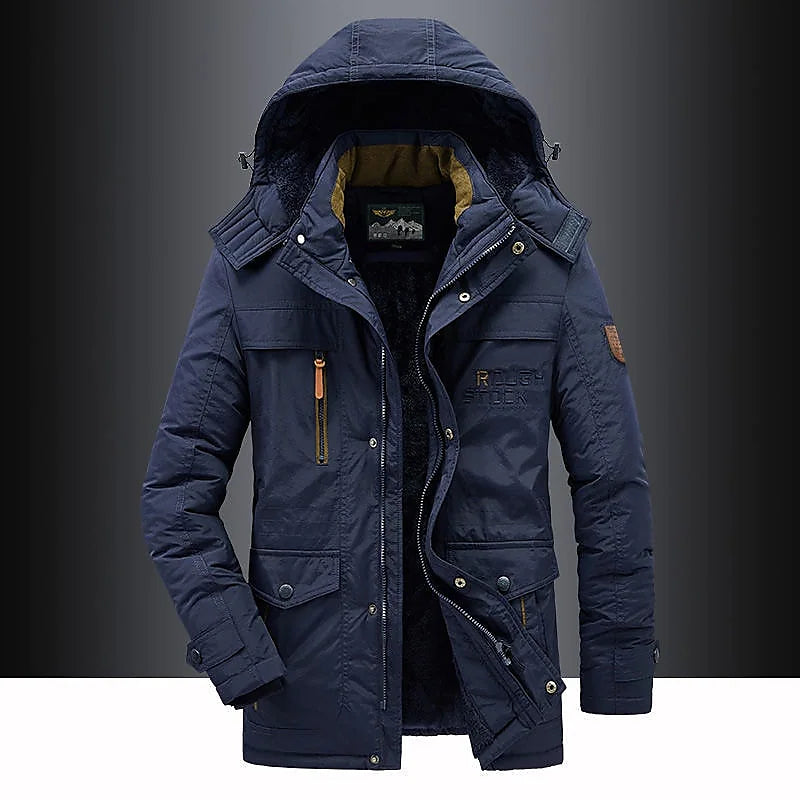 Adrian – Herren Winterjacke blau mit Kapuze und warmem Innenfutter
