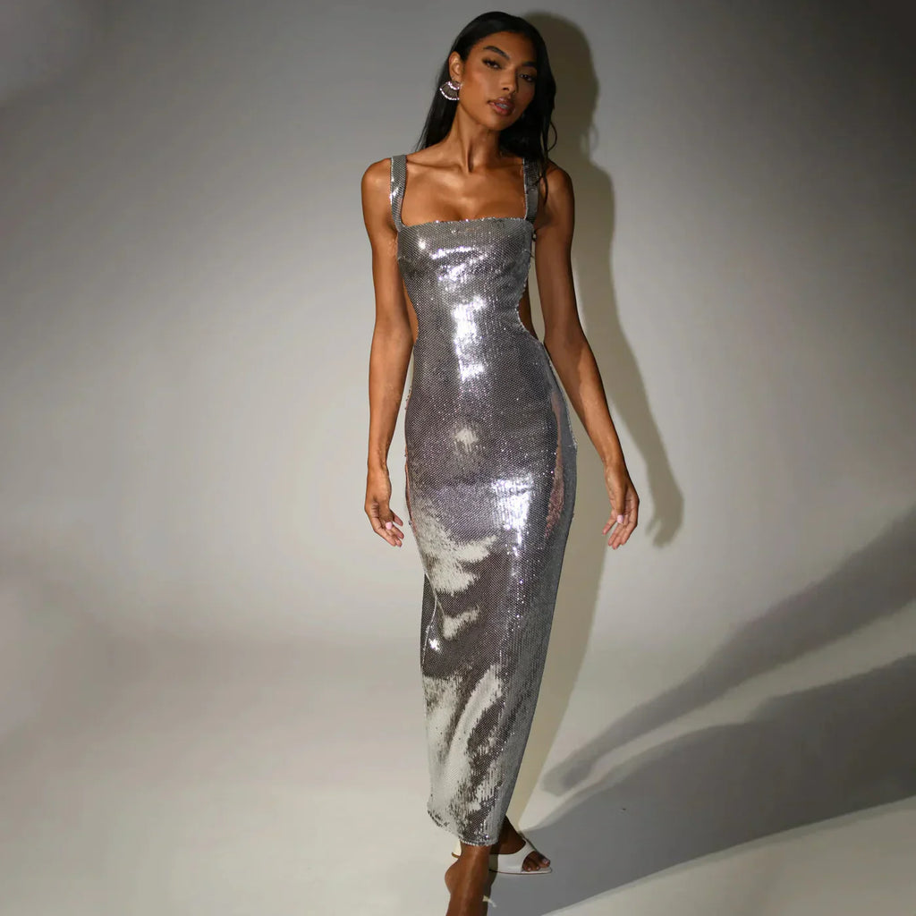 Alma – Glänzendes figurbetontes Damen Maxikleid