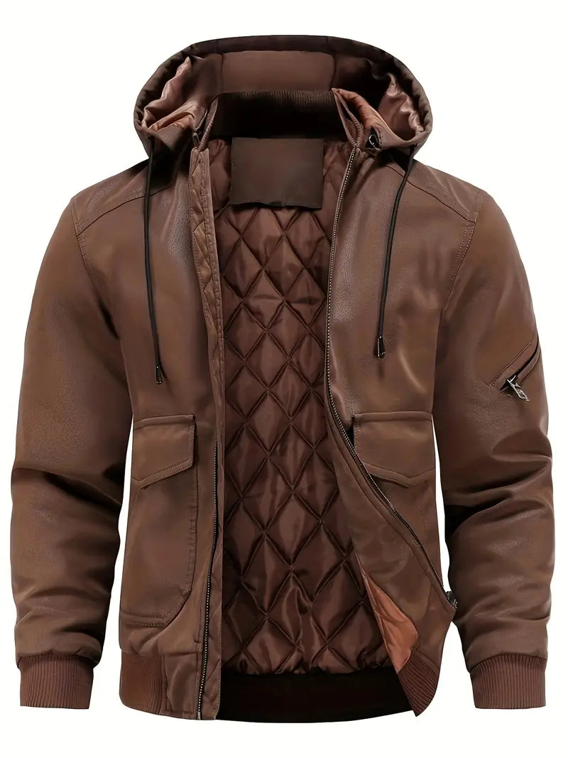 Damien - Herren Kunstlederjacke mit Kapuze und Steppfutter
