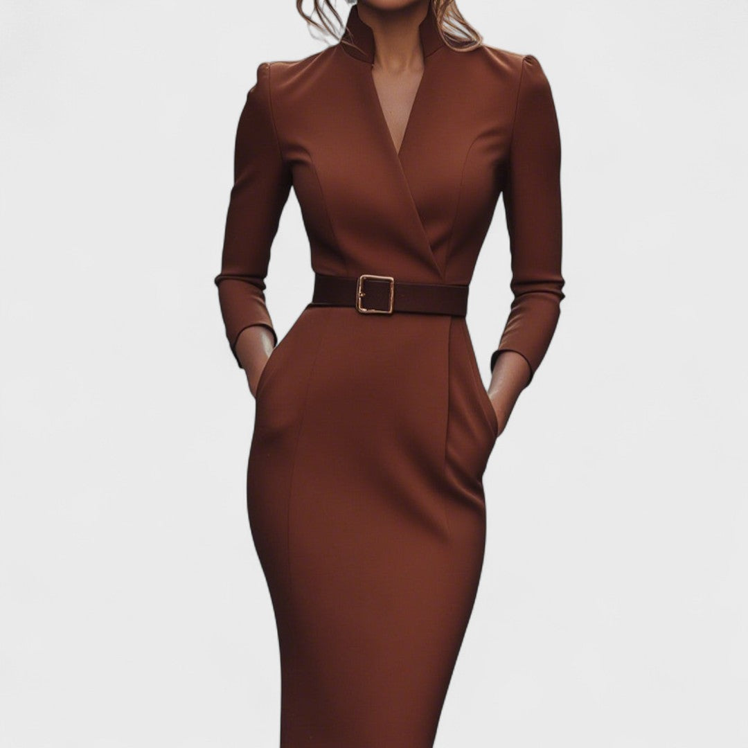 Rebeca – Elegantes Damen Bleistiftkleid mit Gürtel & V-Ausschnitt