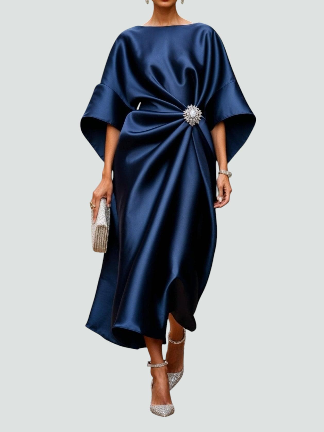 Elisa – Damen Midikleid mit Drapierung und Fledermausärmeln