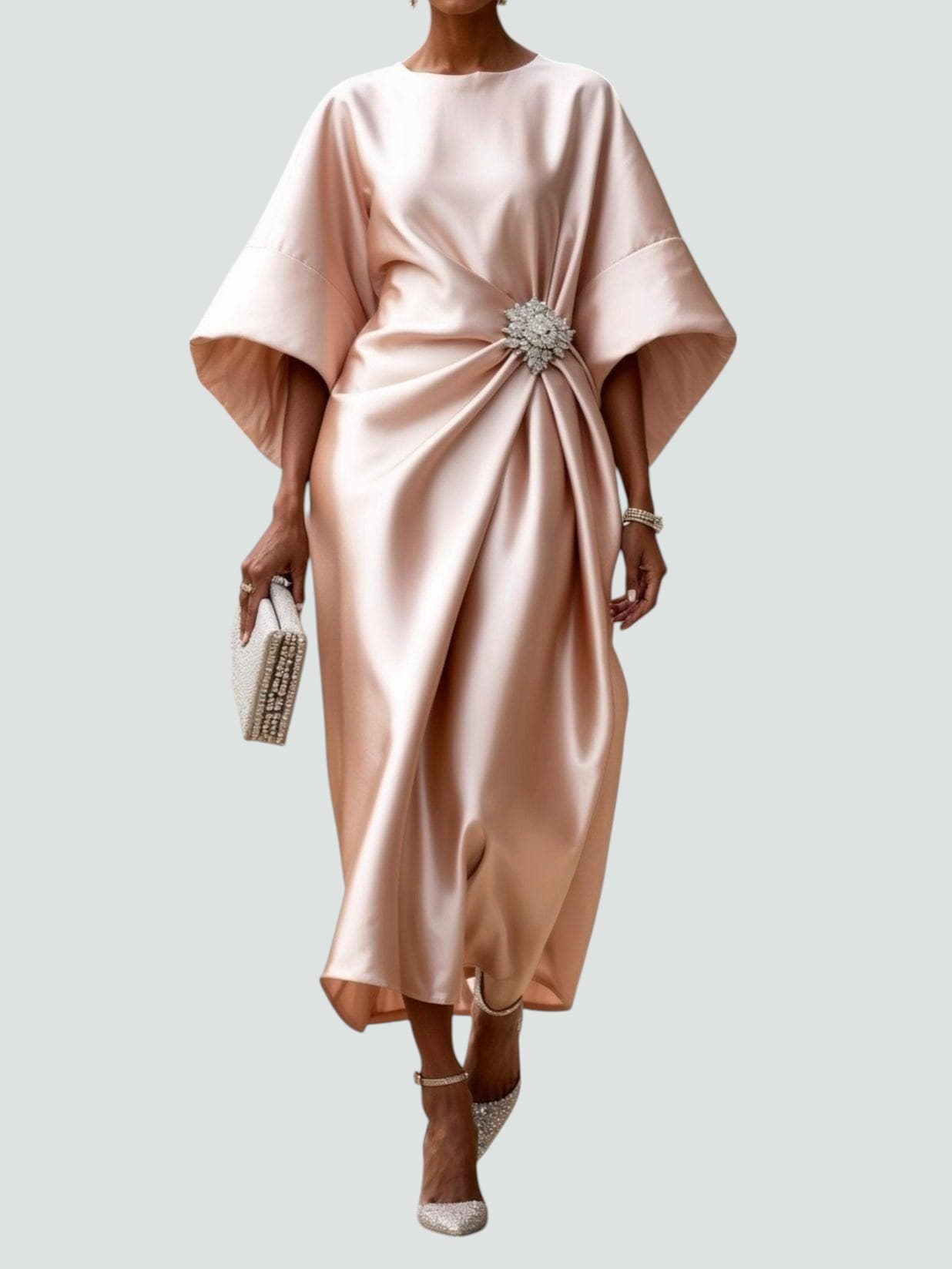 Elisa – Damen Midikleid mit Drapierung und Fledermausärmeln