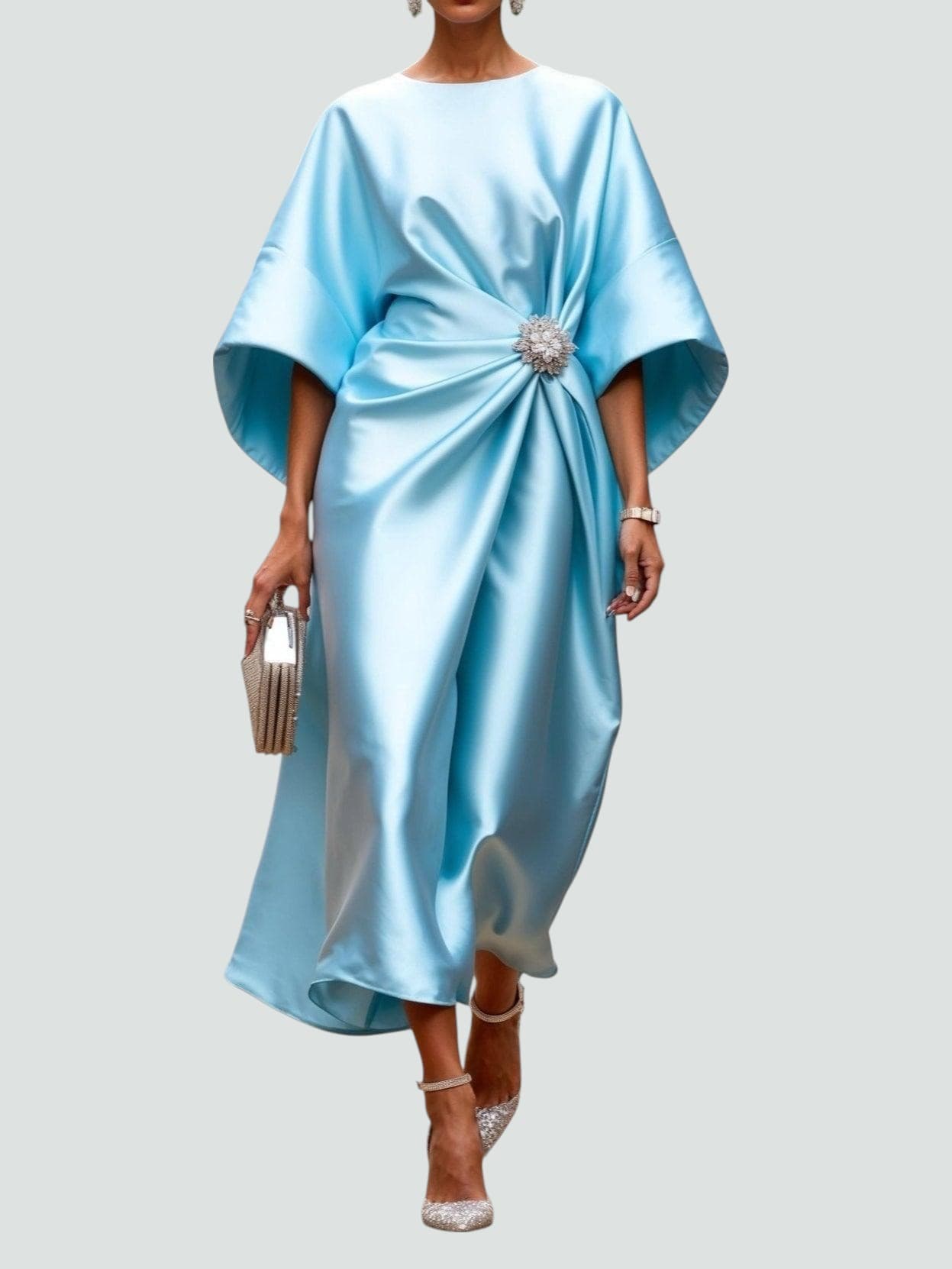 Elisa – Damen Midikleid mit Drapierung und Fledermausärmeln