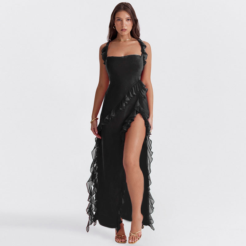 Livia – Damen Rüschen Maxikleid mit Spaghettiträgern und asymmetrischem Schlitz