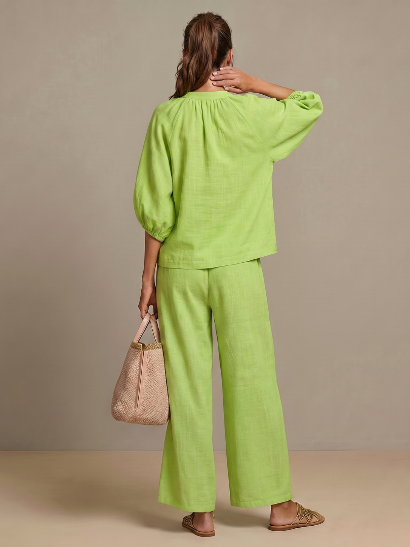 Damen Set bestehend aus Oberteil mit Puffärmeln und weitgeschnittener Hose - J&B - 10 - Annoboutique