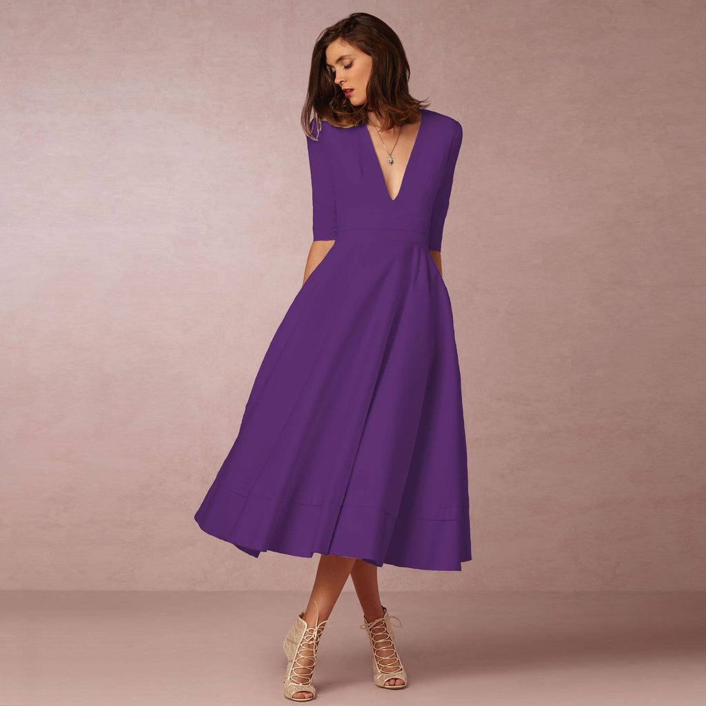 Hannah – Elegantes Midi Kleid Damen mit tiefem V-Ausschnitt