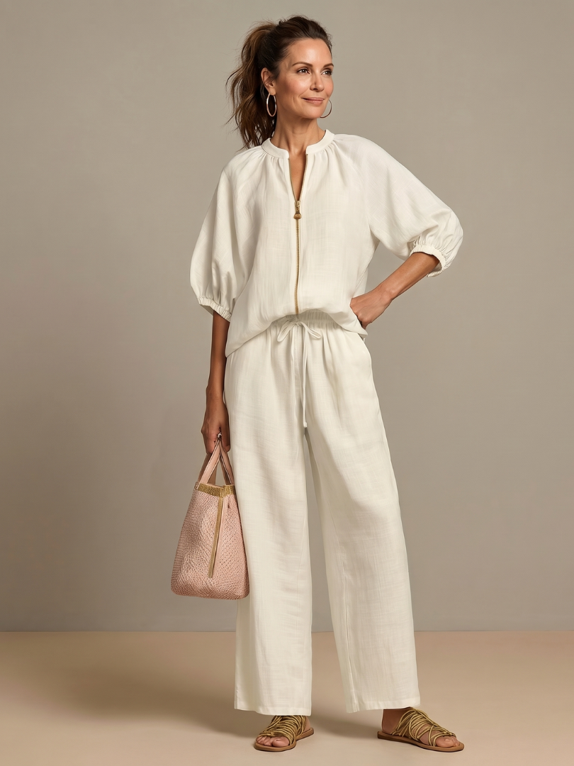 Damen Set bestehend aus Oberteil mit Puffärmeln und weitgeschnittener Hose - J&B - 13 - Annoboutique