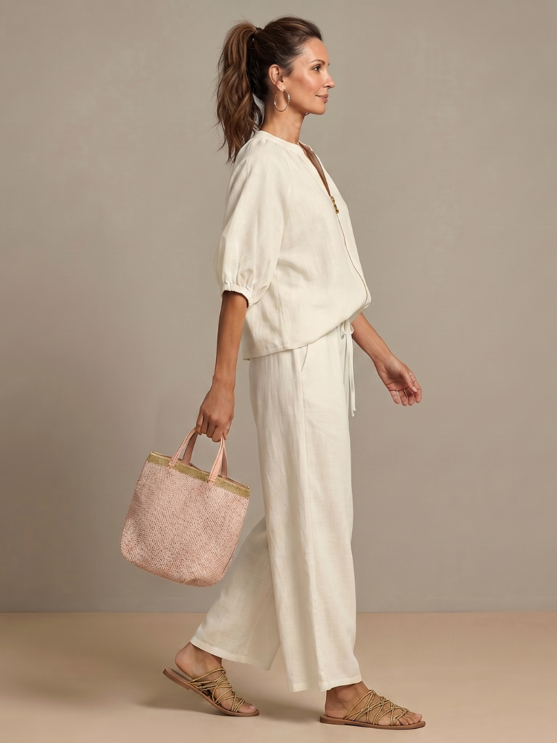 Damen Set bestehend aus Oberteil mit Puffärmeln und weitgeschnittener Hose - J&B - 14 - Annoboutique