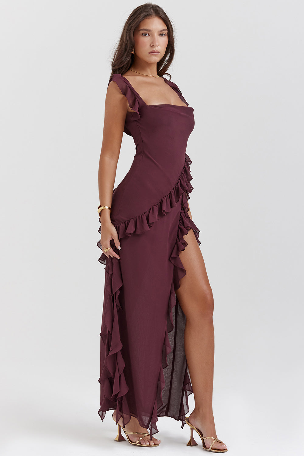 Livia – Damen Rüschen Maxikleid mit Spaghettiträgern und asymmetrischem Schlitz