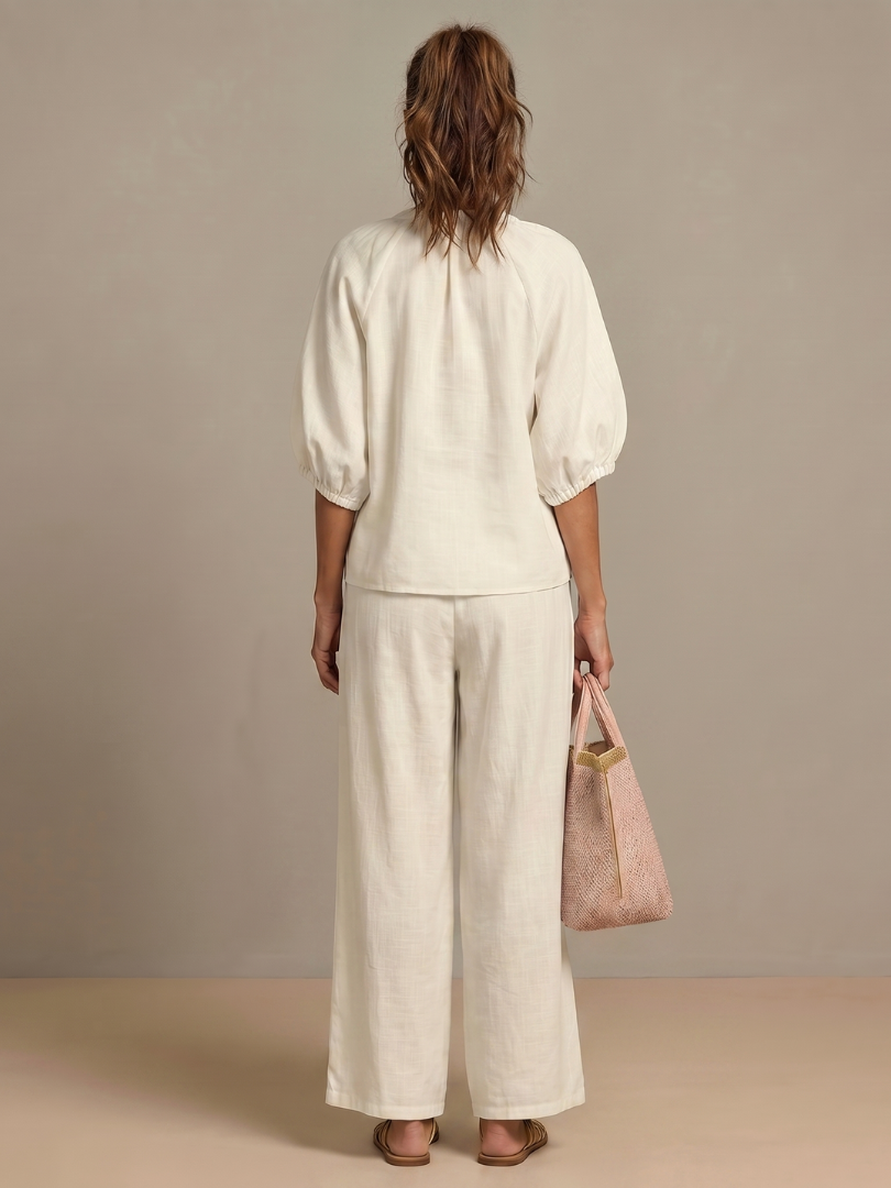 Damen Set bestehend aus Oberteil mit Puffärmeln und weitgeschnittener Hose - J&B - 16 - Annoboutique