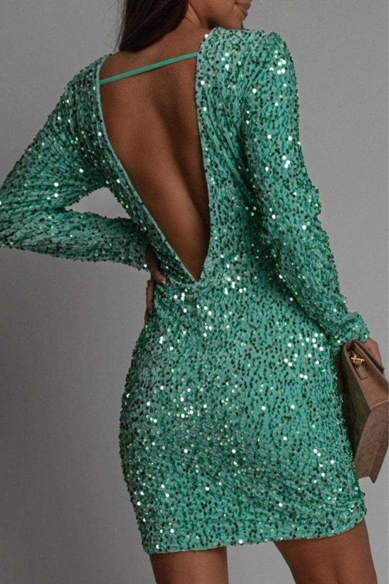 Camila - Kurzes Damenkleid mit langen Ärmeln und Pailletten