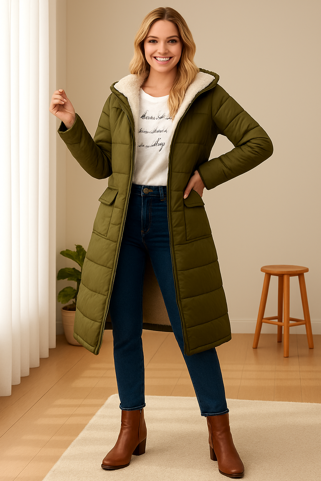Damen Daunenjacke in Langform mit Kapuze und weichem Innenfutter | A&B - 1 - Annoboutique