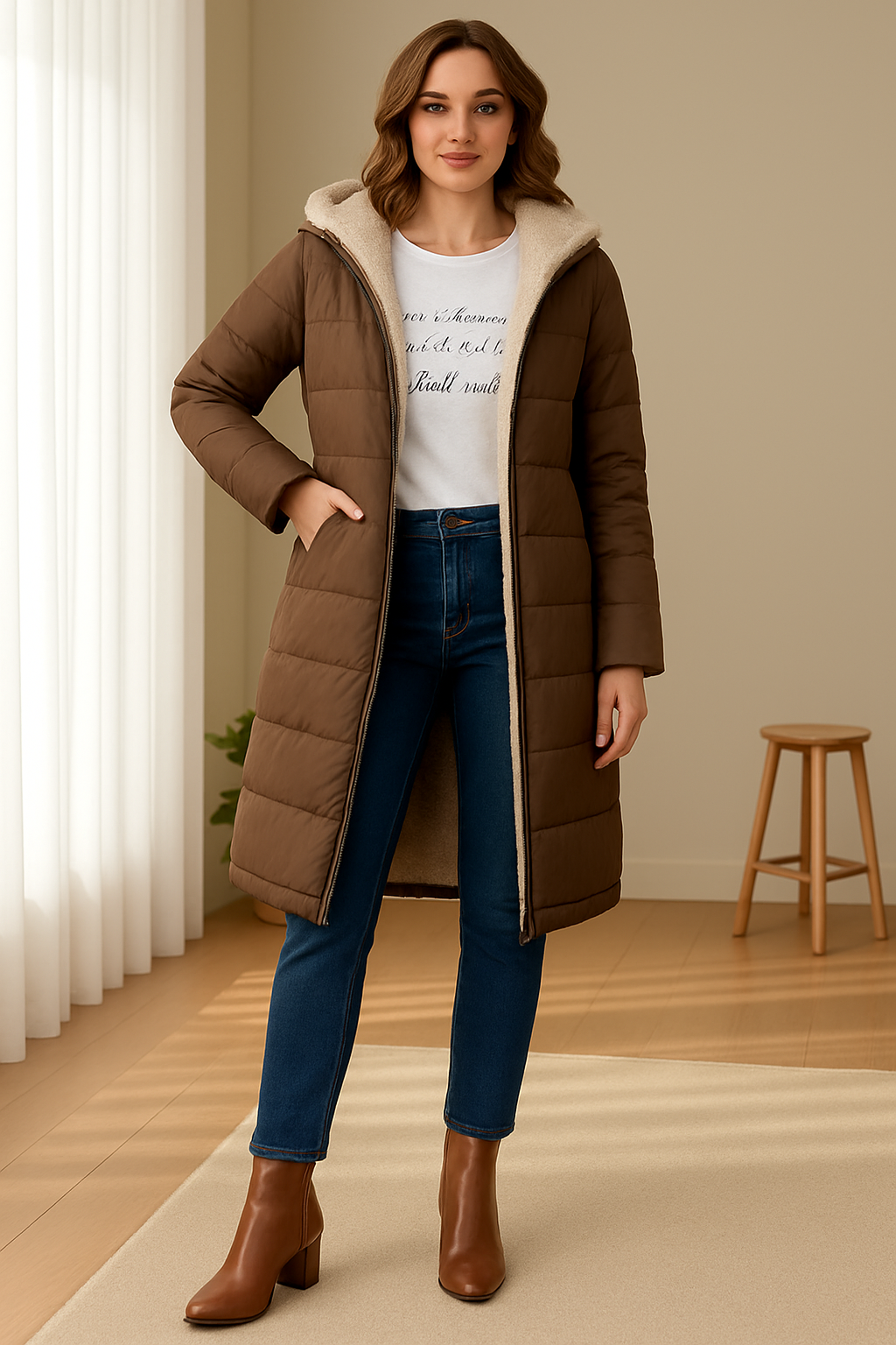 Damen Daunenjacke in Langform mit Kapuze und weichem Innenfutter | A&B - 2 - Annoboutique