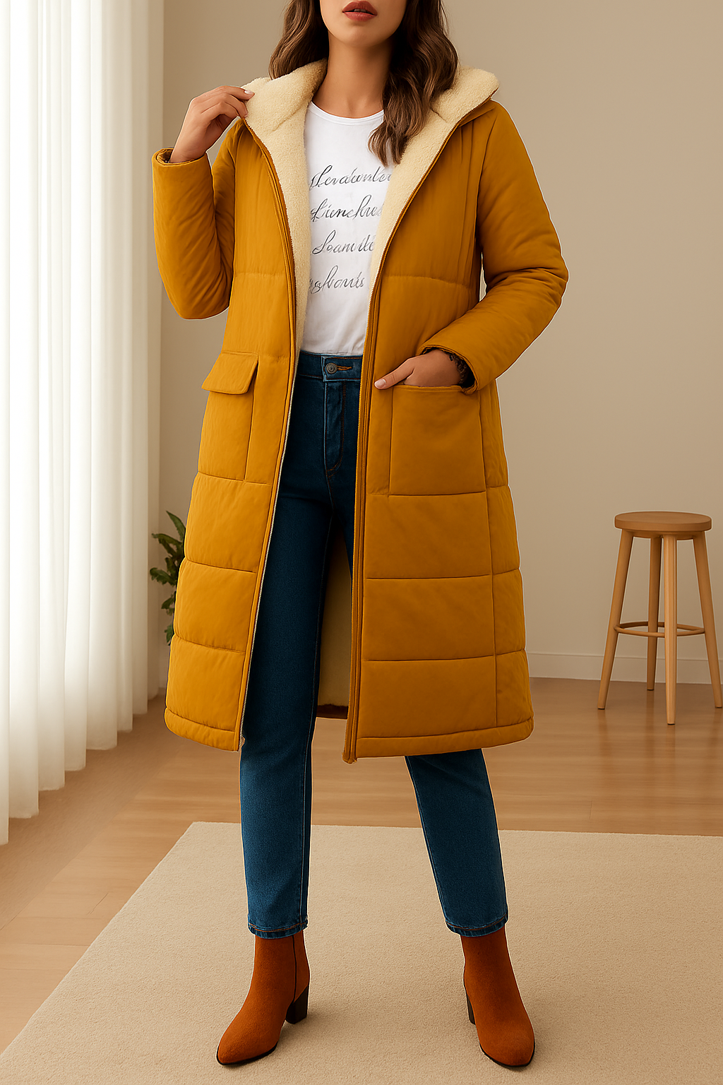 Damen Daunenjacke in Langform mit Kapuze und weichem Innenfutter | A&B - 3 - Annoboutique