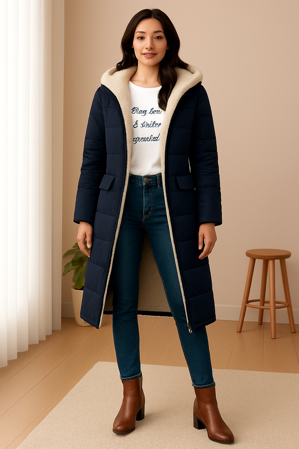 Damen Daunenjacke in Langform mit Kapuze und weichem Innenfutter | A&B - 4 - Annoboutique