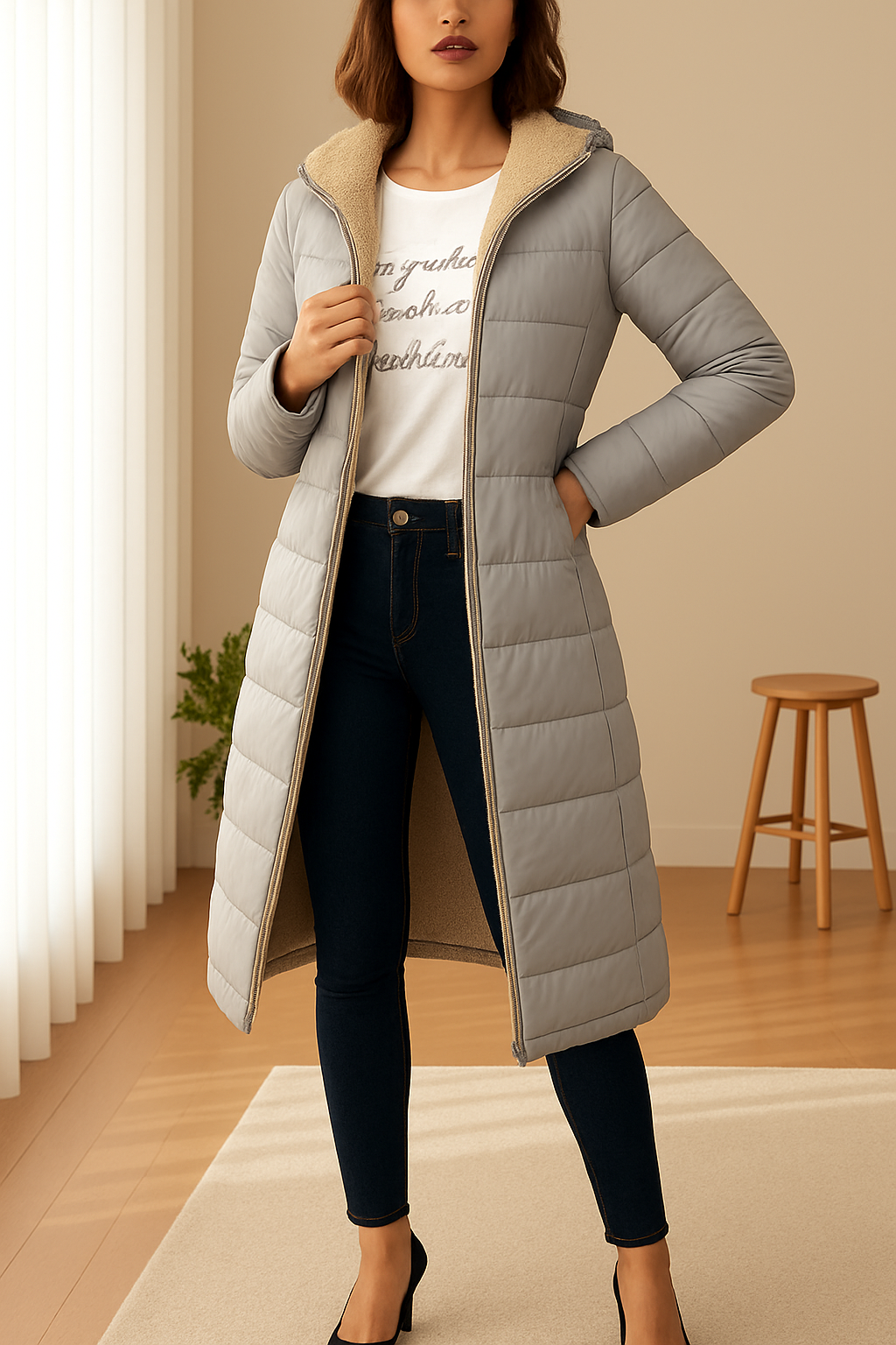 Damen Daunenjacke in Langform mit Kapuze und weichem Innenfutter | A&B - 5 - Annoboutique