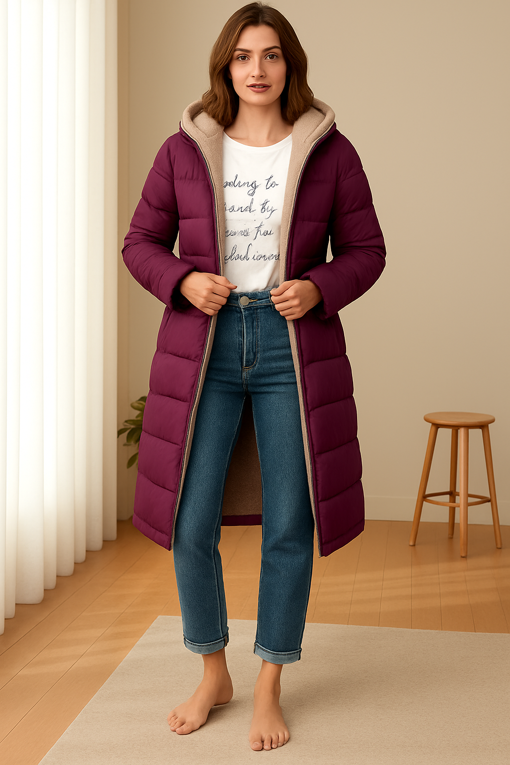 Damen Daunenjacke in Langform mit Kapuze und weichem Innenfutter | A&B - 6 - Annoboutique
