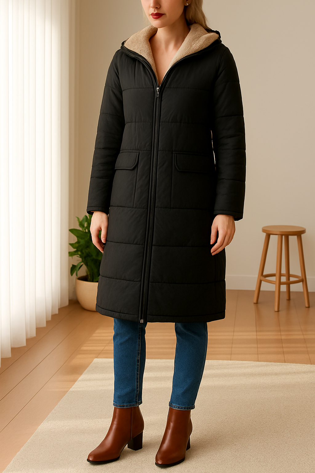 Damen Daunenjacke in Langform mit Kapuze und weichem Innenfutter | A&B - 7 - Annoboutique