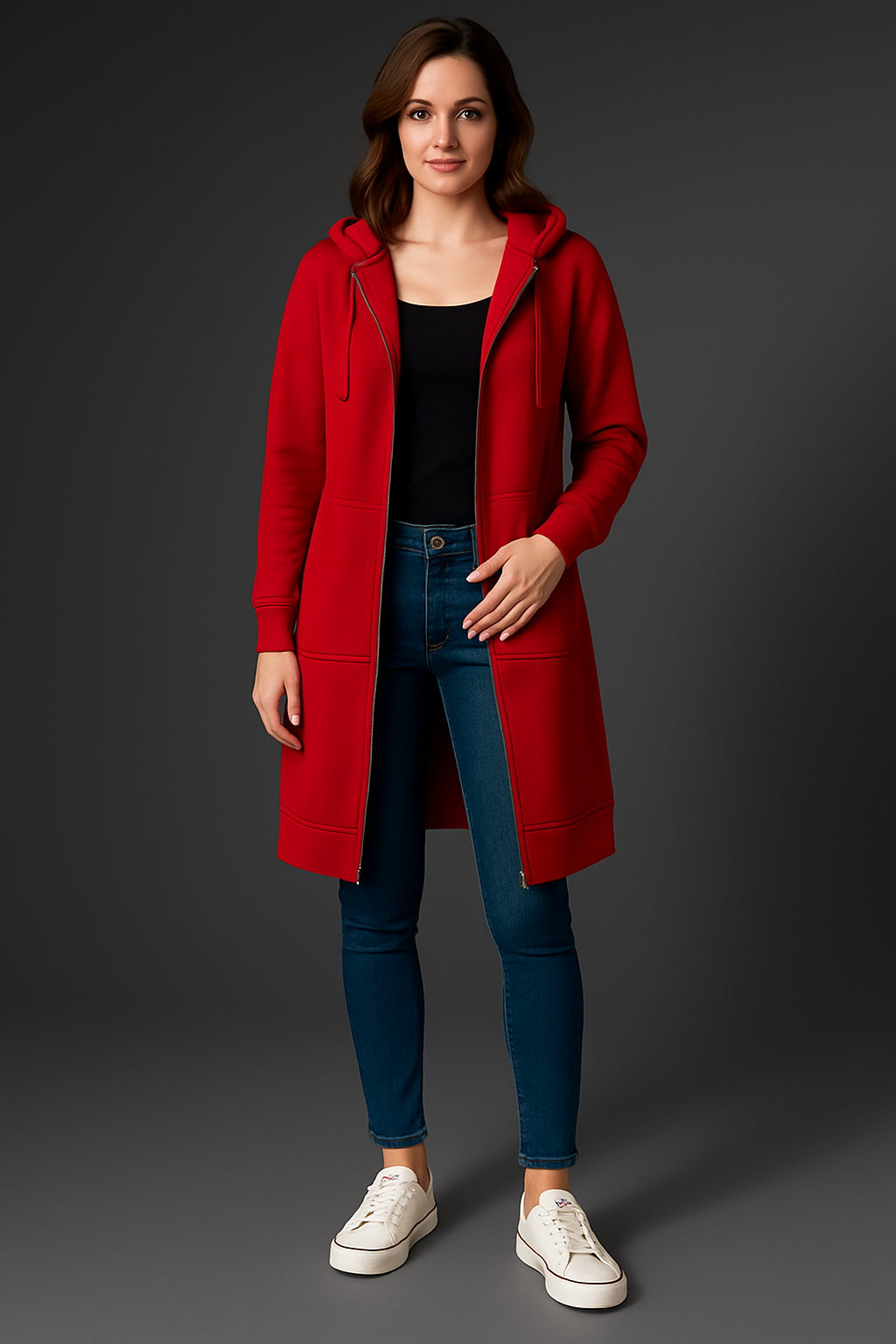 Lange Kapuzenjacke Damen mit praktischen Taschen und Reißverschluss | A&B - 2 - Annoboutique