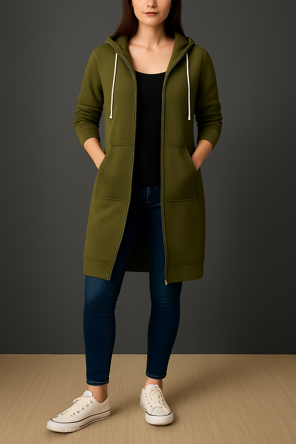 Lange Kapuzenjacke Damen mit praktischen Taschen und Reißverschluss | A&B - 3 - Annoboutique