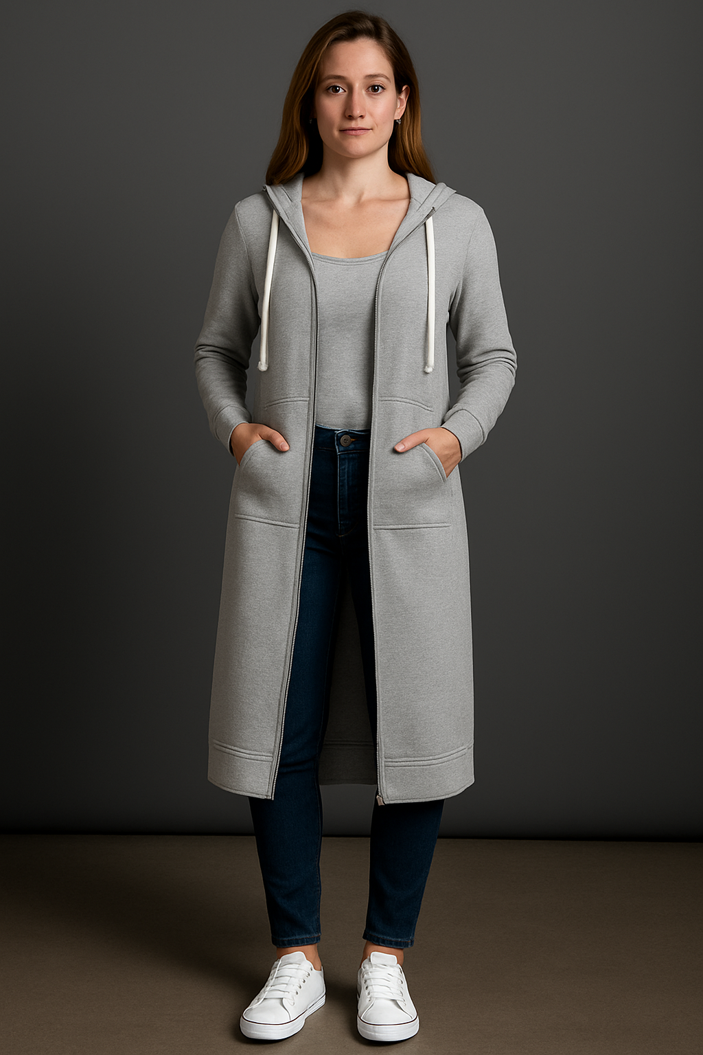 Lange Kapuzenjacke Damen mit praktischen Taschen und Reißverschluss | A&B - 4 - Annoboutique