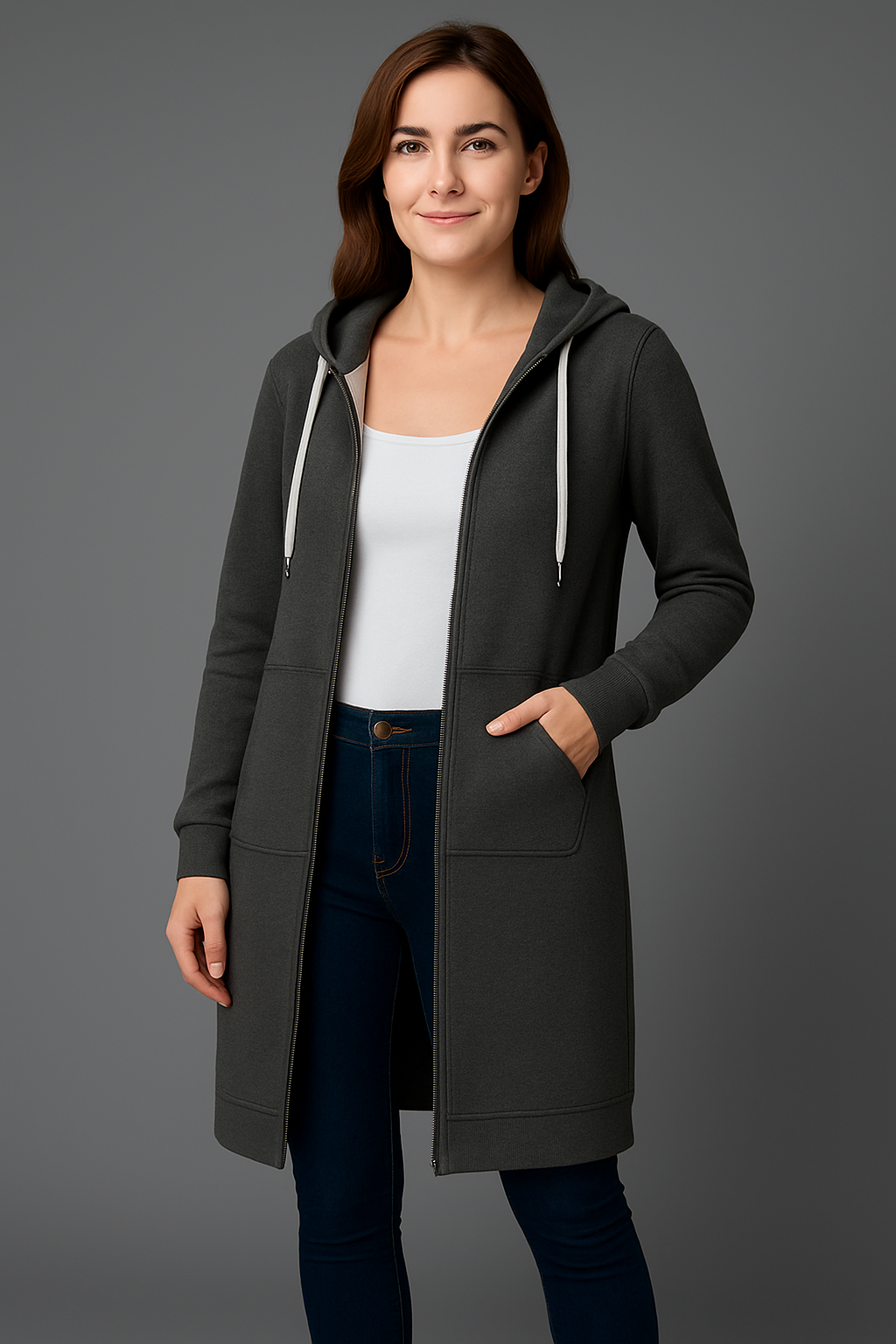Lange Kapuzenjacke Damen mit praktischen Taschen und Reißverschluss | A&B - 6 - Annoboutique