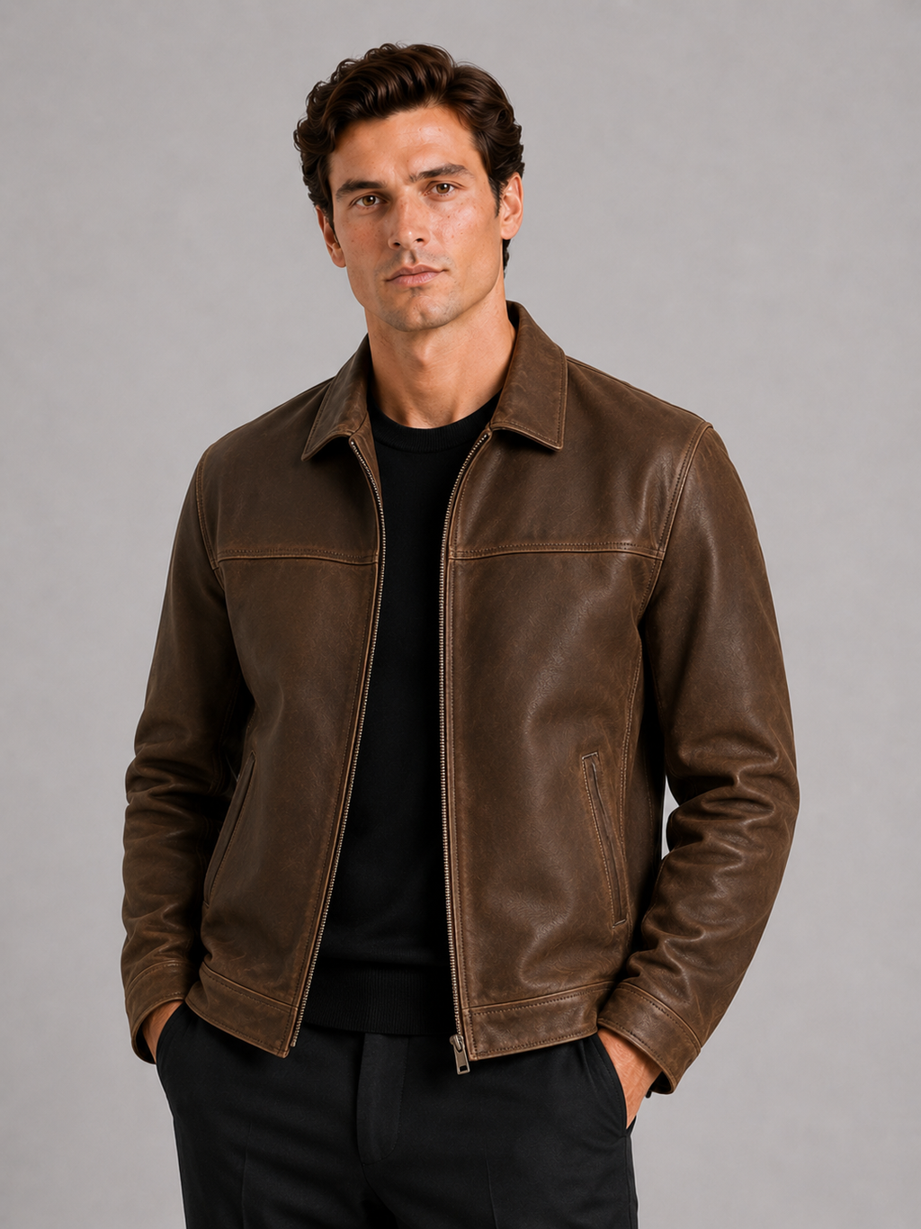 Elegante Herren Lederjacke mit klassischem Design und hochwertigem Reißverschluss - J&B - 1 - Annoboutique