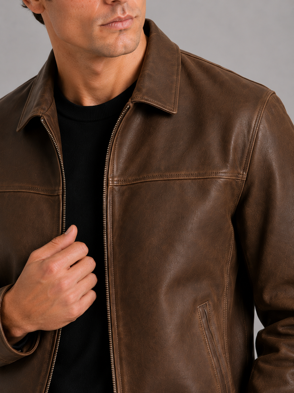 Elegante Herren Lederjacke mit klassischem Design und hochwertigem Reißverschluss - J&B - 3 - Annoboutique