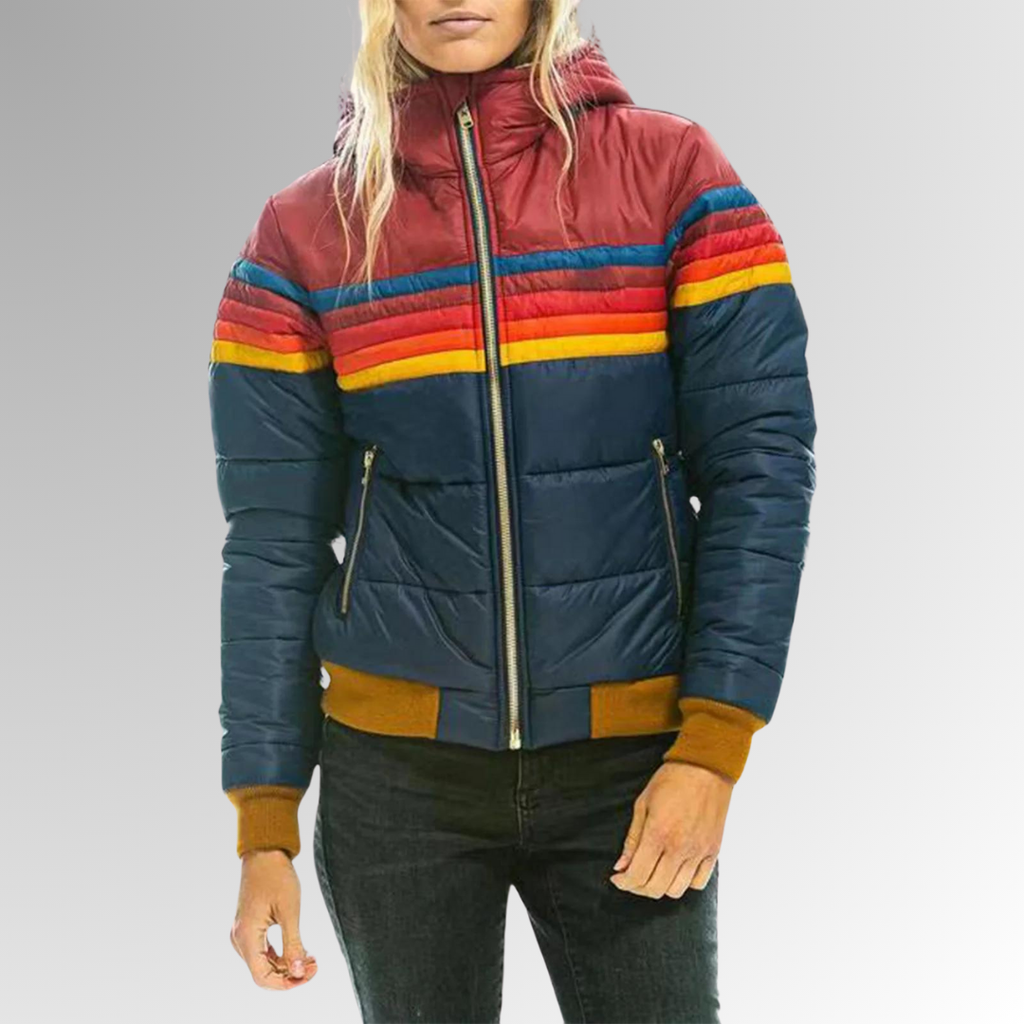 Modische Damen Steppjacke mit buntem Streifen-Design und praktischem Reißverschluss - J&B - 2 - Annoboutique