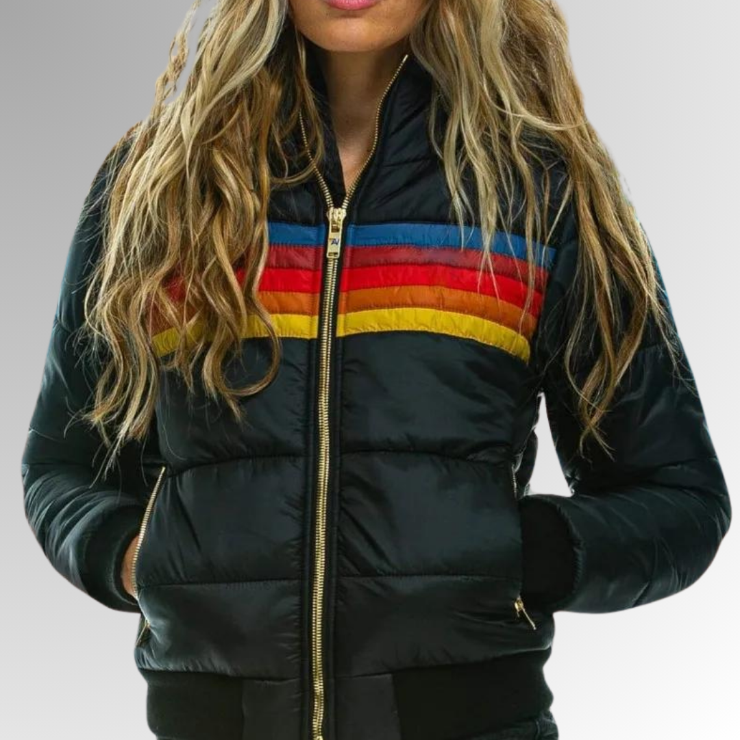 Modische Damen Steppjacke mit buntem Streifen-Design und praktischem Reißverschluss - J&B - 3 - Annoboutique