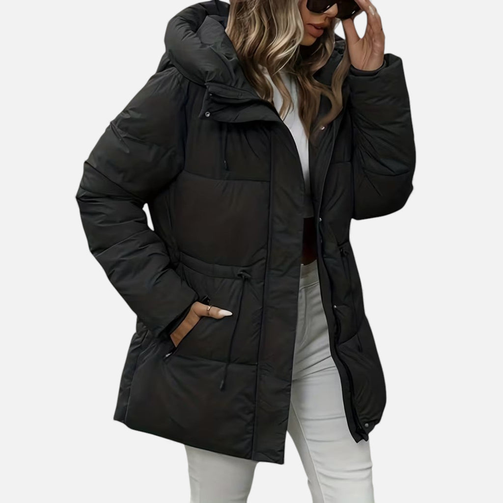 Damen Lange Daunenjacke mit Kapuze und verstellbarem Kordelzug von J&B - 2 - Annoboutique