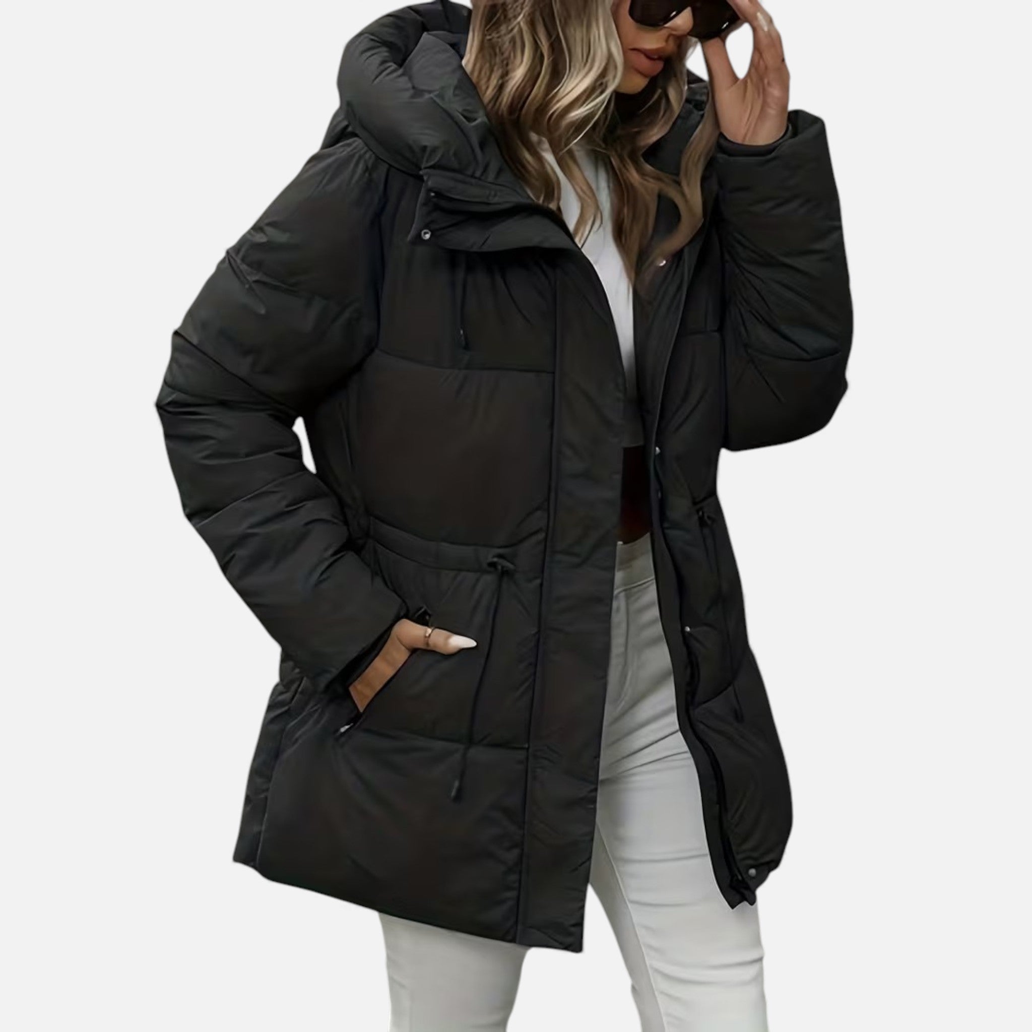Damen Lange Daunenjacke mit Kapuze und verstellbarem Kordelzug von J&B - 2 - Annoboutique