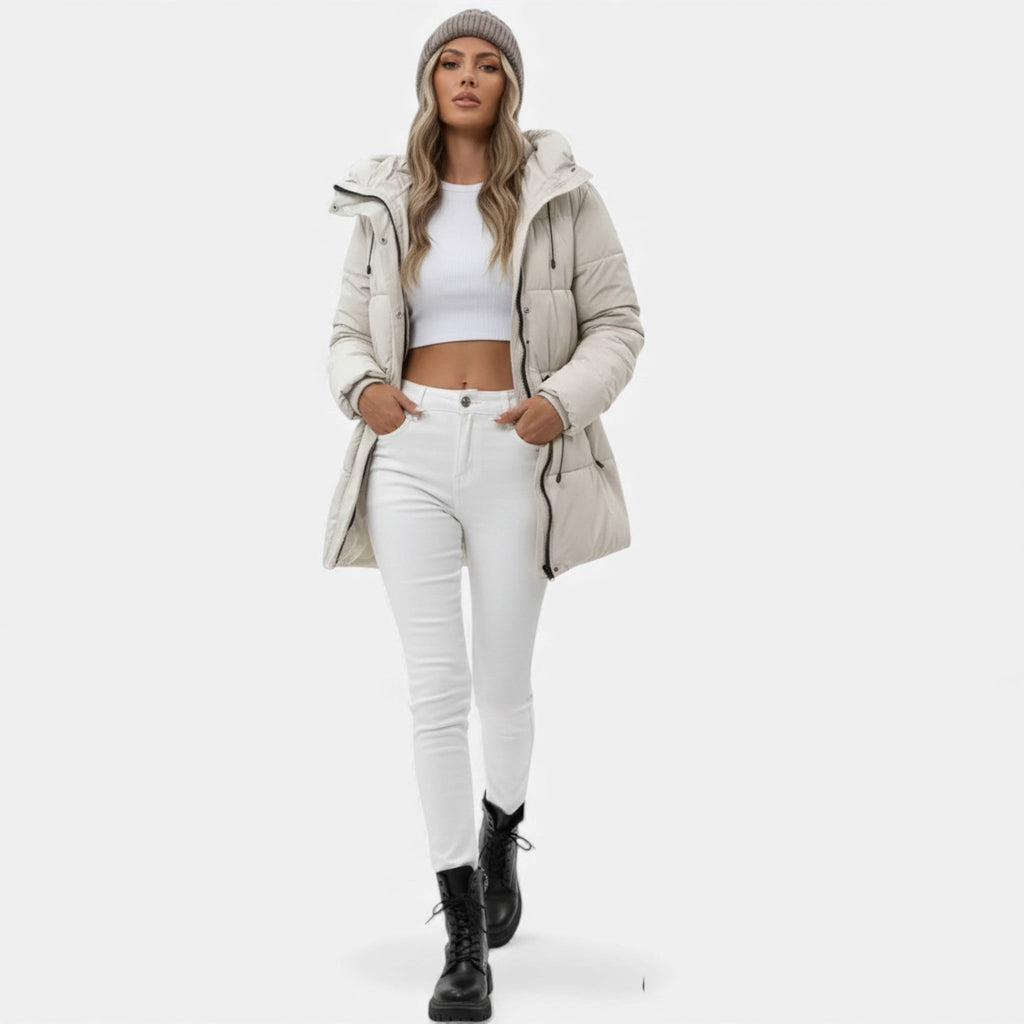 Damen Lange Daunenjacke mit Kapuze und verstellbarem Kordelzug von J&B - 5 - Annoboutique