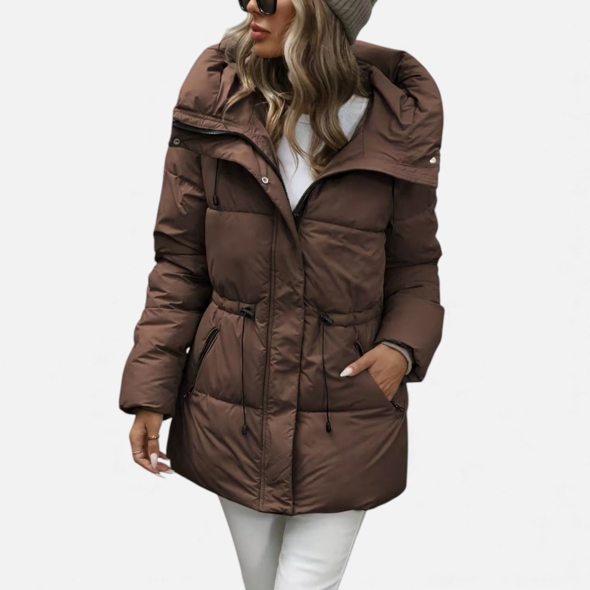 Damen Lange Daunenjacke mit Kapuze und verstellbarem Kordelzug von J&B - 8 - Annoboutique