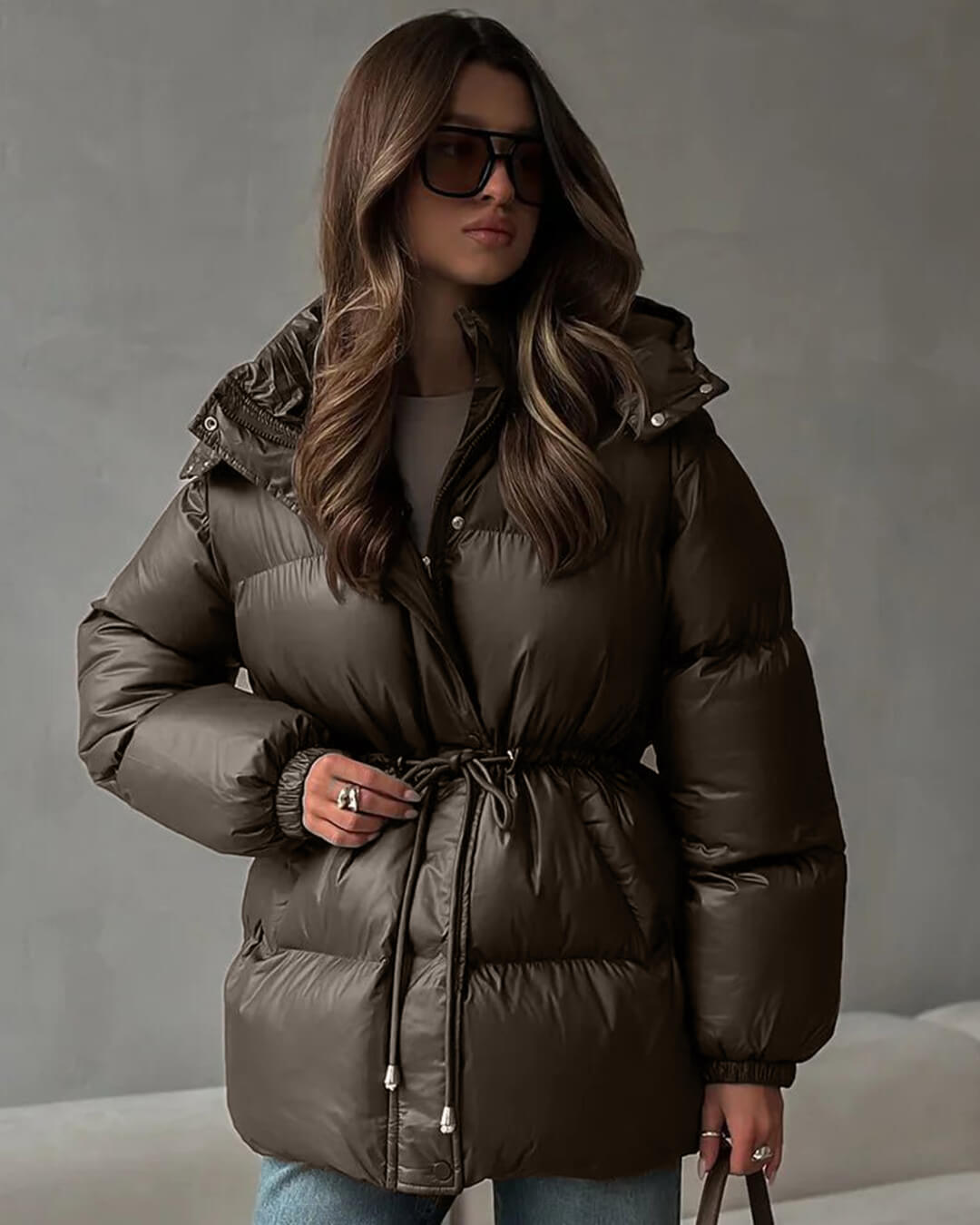 Modische Damen Daunenjacke mit Kordelzug und eleganter Longline-Form - J&B - 9 - Annoboutique
