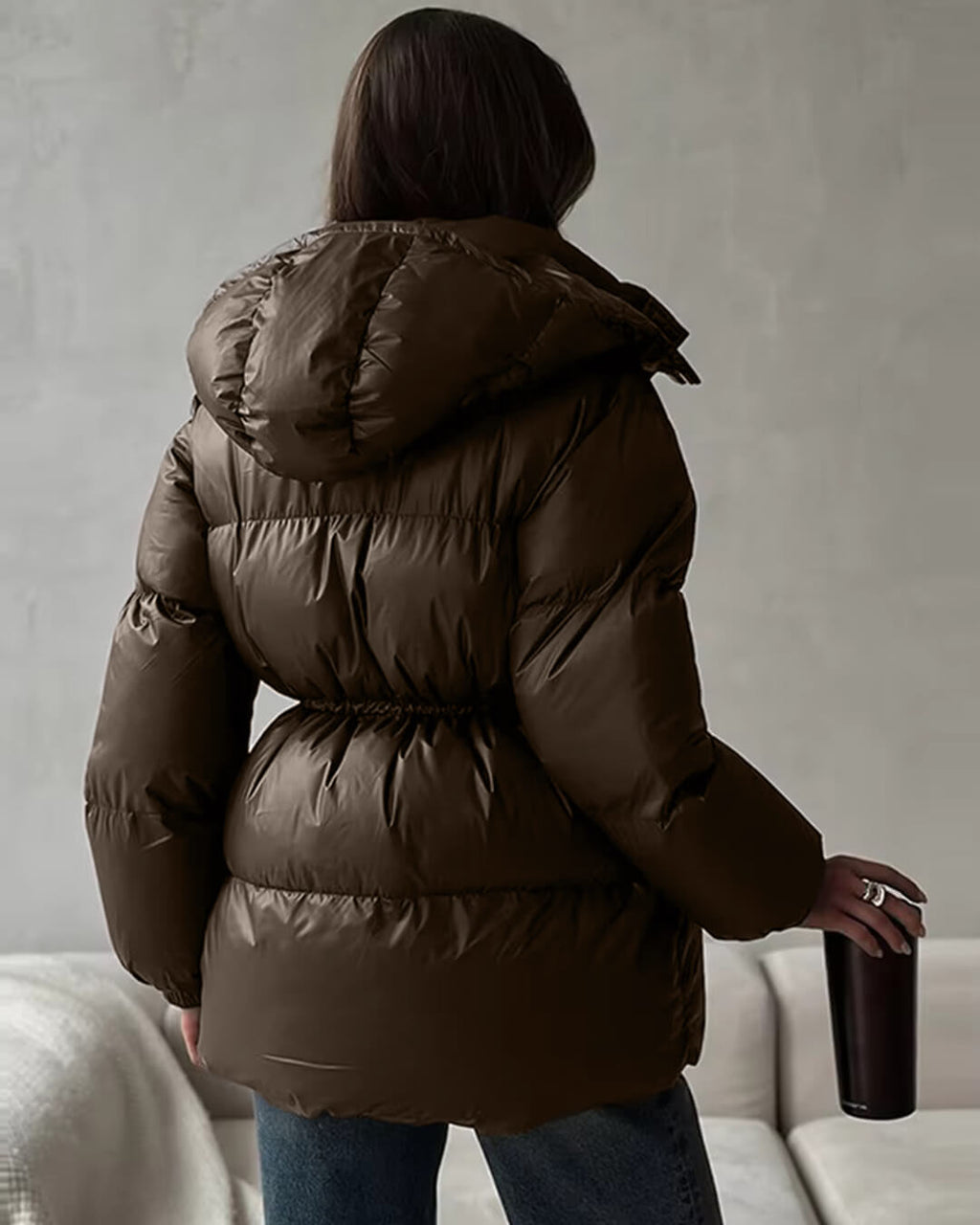 Modische Damen Daunenjacke mit Kordelzug und eleganter Longline-Form - J&B - 10 - Annoboutique