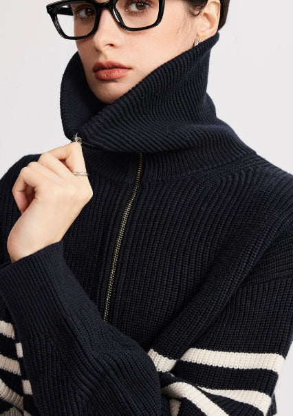 Modischer Damenpullover mit Streifen und Reißverschluss - J&B - 3 - Annoboutique