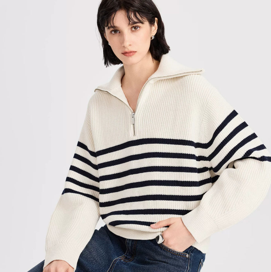 Modischer Damenpullover mit Streifen und Reißverschluss - J&B - 4 - Annoboutique