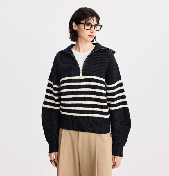 Modischer Damenpullover mit Streifen und Reißverschluss - J&B - 5 - Annoboutique