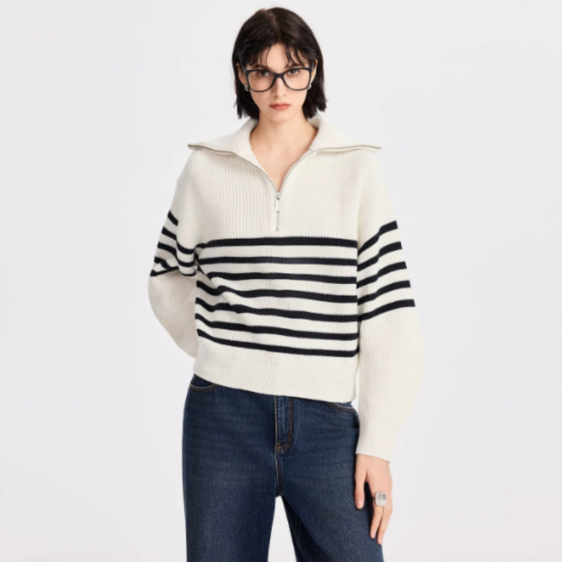 Modischer Damenpullover mit Streifen und Reißverschluss - J&B - 6 - Annoboutique