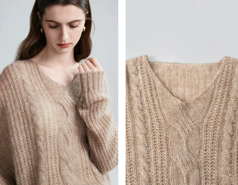 Eleganter Damenpullover mit V-Ausschnitt und Zopfmuster - J&B - 1 - Annoboutique