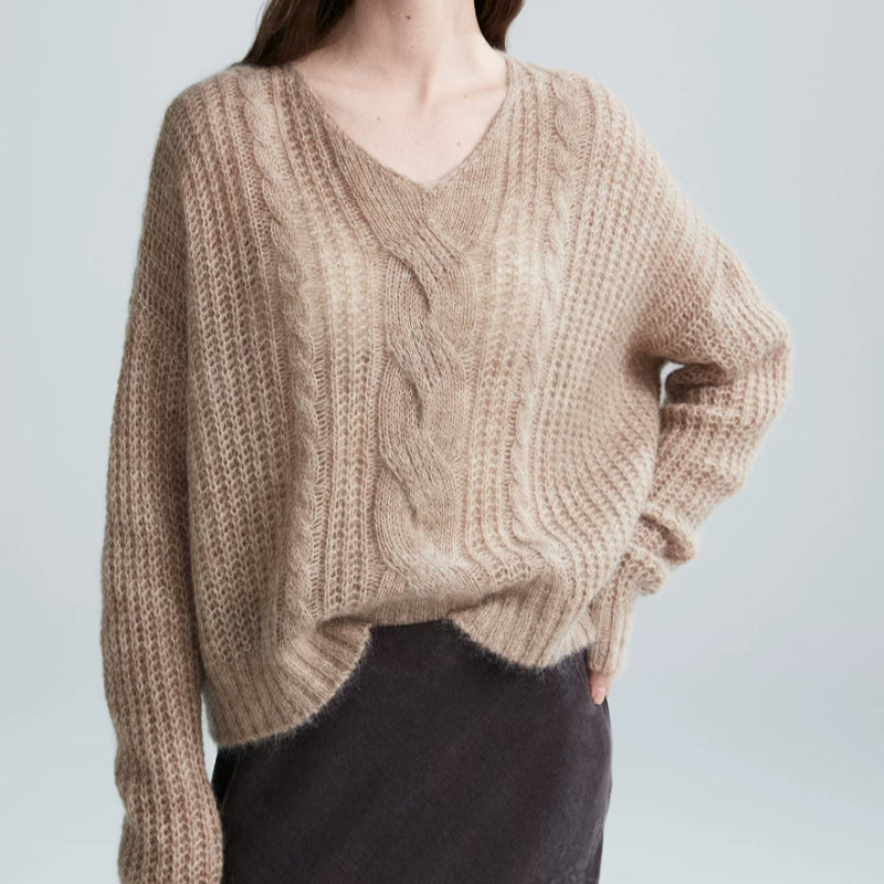 Eleganter Damenpullover mit V-Ausschnitt und Zopfmuster - J&B - 2 - Annoboutique