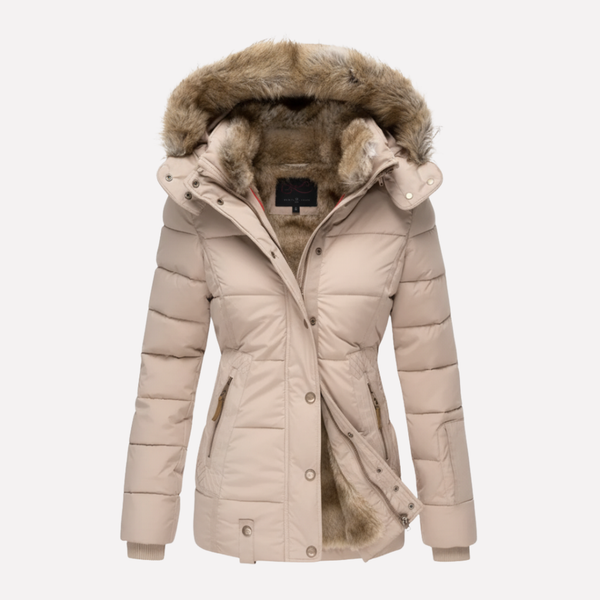 Modische Daunenjacke für Damen mit Kapuze und luxuriösem Kunstfell - J&B - 2 - Annoboutique