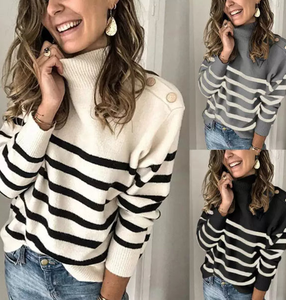 Eleganter Damenpullover mit Streifen und hohen Kragen - J&B - 5 - Annoboutique