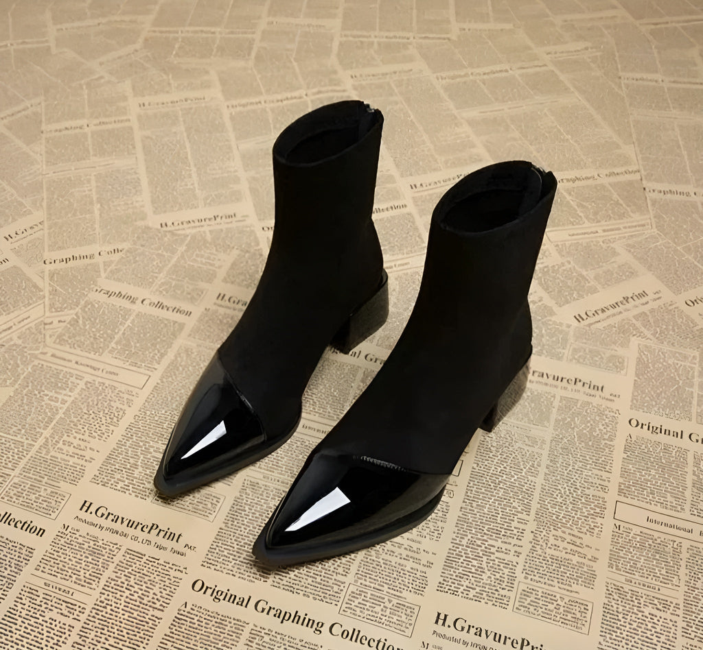 Damen-Stiefeletten mit Blockabsatz und glänzender Schuhspitze - 2 - Jasminaboutique.com