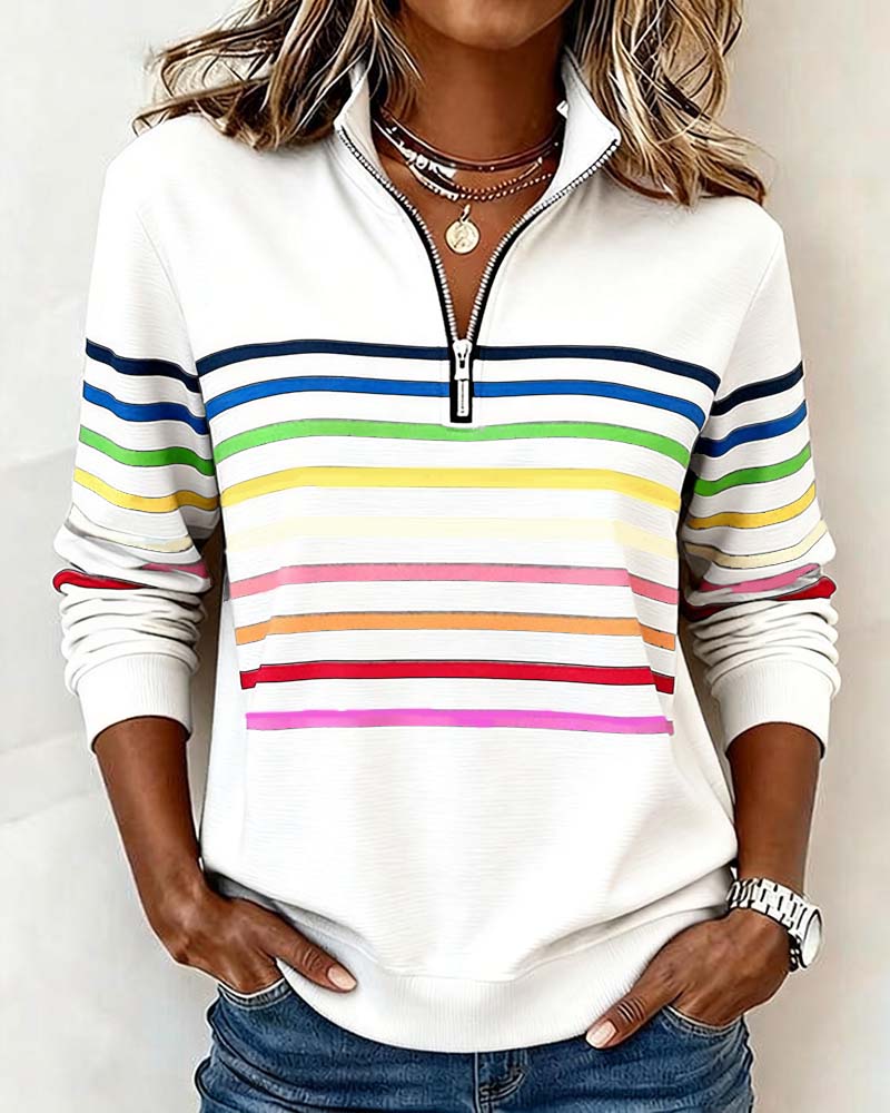 Damen-Hoodie: Gestreiftes Sweatshirt mit halbem Reißverschluss und Stehkragen - 7 - Jasminaboutique.com